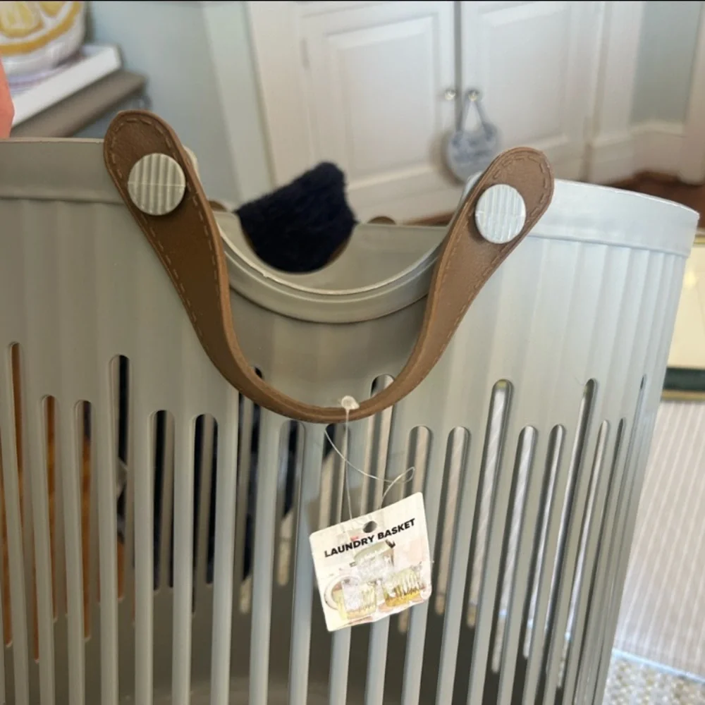 Japandi Scandinavian Modern Slotted Laundry Basket Leather Handles New Gray Tote